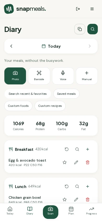 SnapMeals diary screen, showing illustrative example data