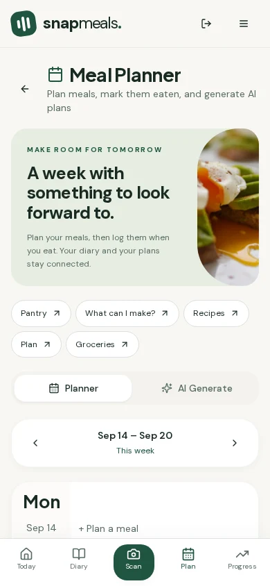SnapMeals plan screen, showing illustrative example data