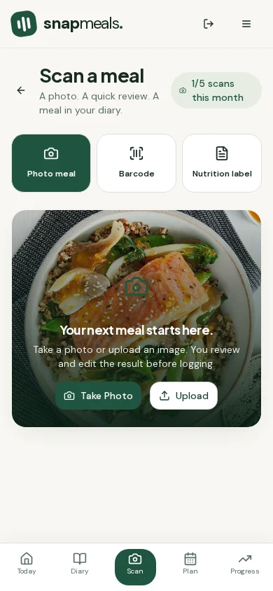 SnapMeals scan screen, showing illustrative example data